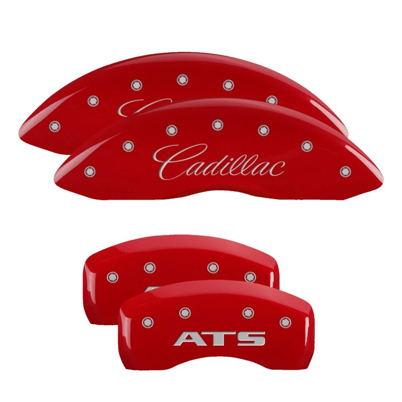 Load image into Gallery viewer, MGP 4 Caliper Covers Engraved Front Cadillac Engraved Rear ATS Red finish silver ch
