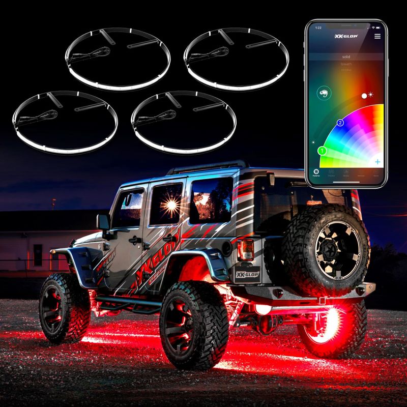 Load image into Gallery viewer, XK Glow Adjustable Wheel Ring Light Kit XKchrome App controlled w/ Turn Signal Function 4pc 15-18In
