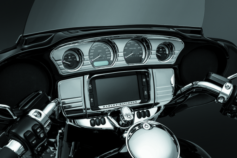 Load image into Gallery viewer, Kuryakyn Deluxe Tri-Line Stereo Trim Kit 14-Up Touring Models Chrome
