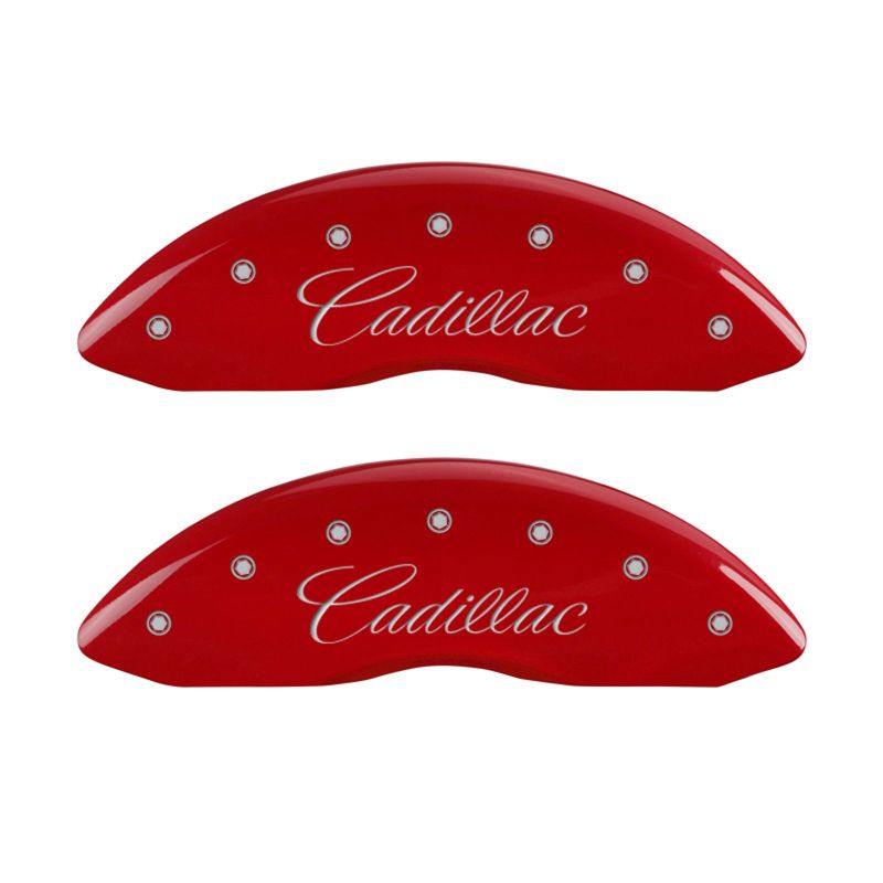 Load image into Gallery viewer, MGP 4 Caliper Covers Engraved Front Cadillac Engraved Rear ATS Red finish silver ch
