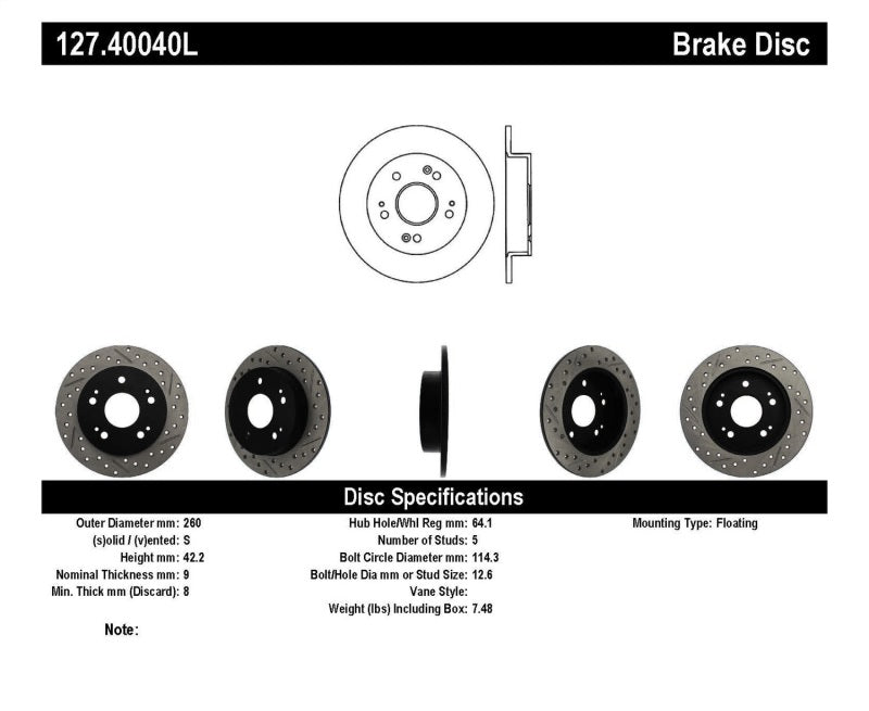 Load image into Gallery viewer, StopTech 06-09 Honda Civic Ex/Si Slotted &amp; Drilled Left Rear Rotor
