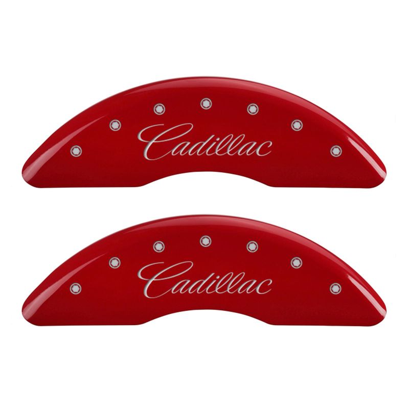 Load image into Gallery viewer, MGP 4 Caliper Covers Engraved Front Cadillac Engraved Rear XTS Red finish silver ch
