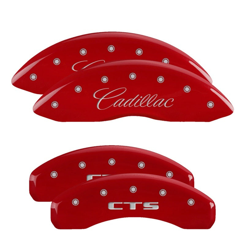 Load image into Gallery viewer, MGP 4 Caliper Covers Engraved Front Cursive/Cadillac Engraved Rear CTS Red finish silver ch
