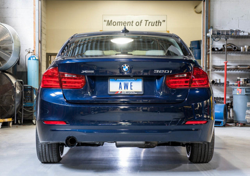 Load image into Gallery viewer, AWE Tuning 13-18 BMW 320i (F30) Touring Edition Exhaust w/ Perfomance Mid Pipe - Diamond Black Tips
