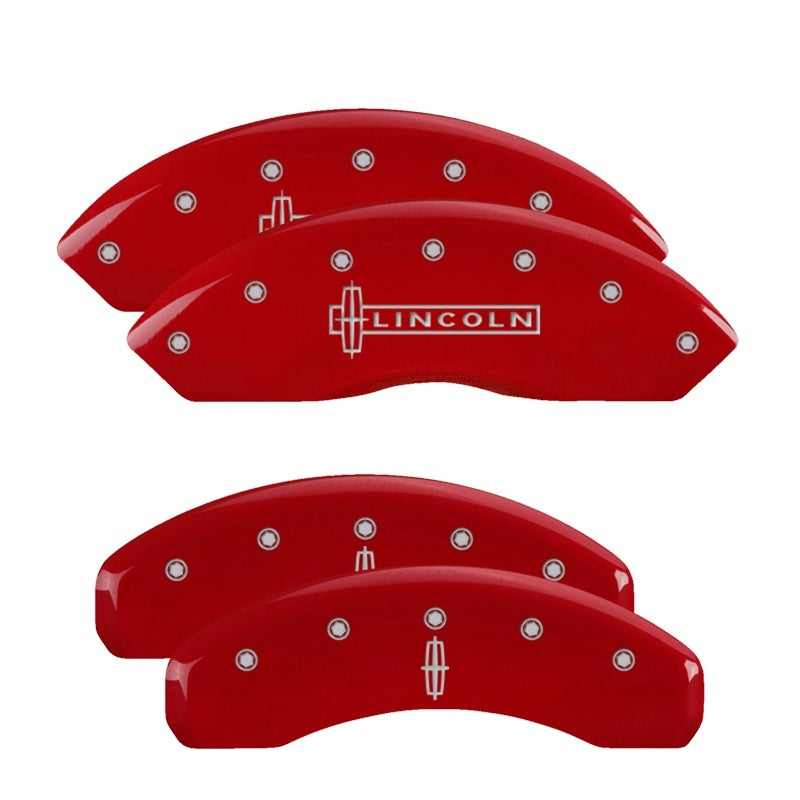 Load image into Gallery viewer, MGP 4 Caliper Covers Engraved Front Cursive/Cadillac Engraved Rear CTS Red finish silver ch
