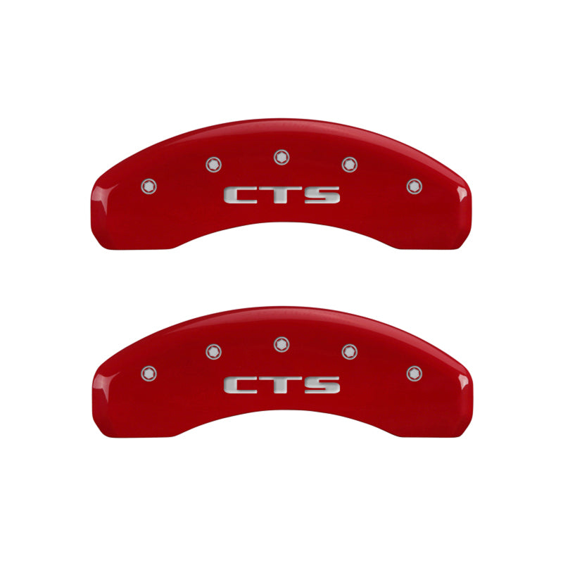 Load image into Gallery viewer, MGP 4 Caliper Covers Engraved Front Cursive/Cadillac Engraved Rear CTS Red finish silver ch
