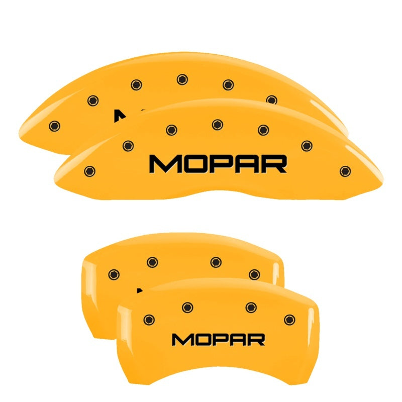 Load image into Gallery viewer, MGP 4 Caliper Covers Engraved Front &amp; Rear MOPAR Yellow finish black ch
