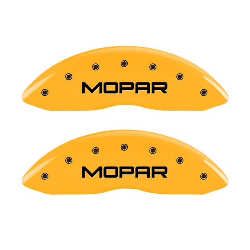 Load image into Gallery viewer, MGP 4 Caliper Covers Engraved Front &amp; Rear MOPAR Yellow finish black ch
