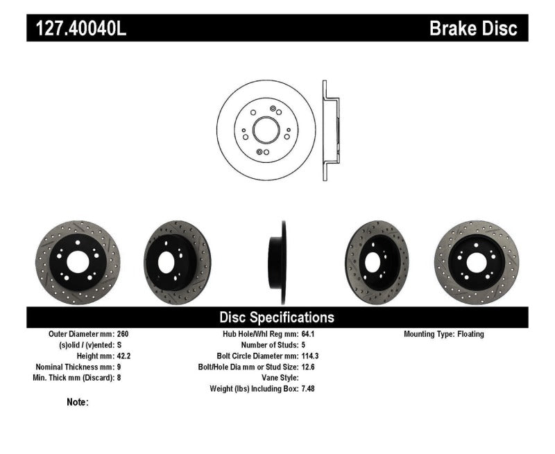 Load image into Gallery viewer, StopTech 06-09 Honda Civic Ex/Si Slotted &amp; Drilled Left Rear Rotor
