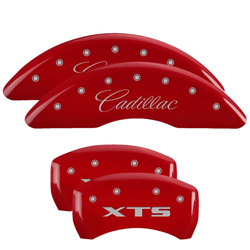Load image into Gallery viewer, MGP 4 Caliper Covers Engraved Front Cadillac Engraved Rear XTS Red finish silver ch
